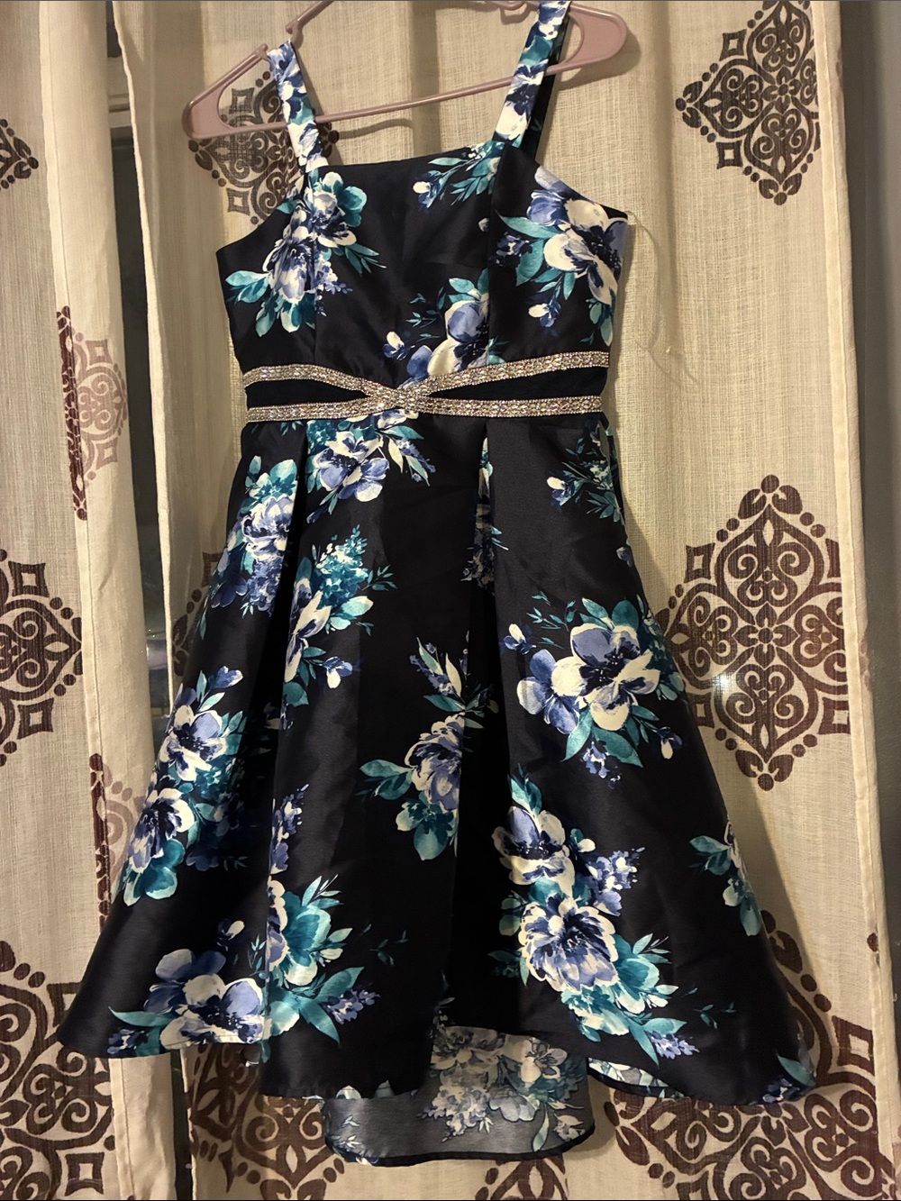 Girls Navy Blue Floral Party Dress with Rhinestone Waist
